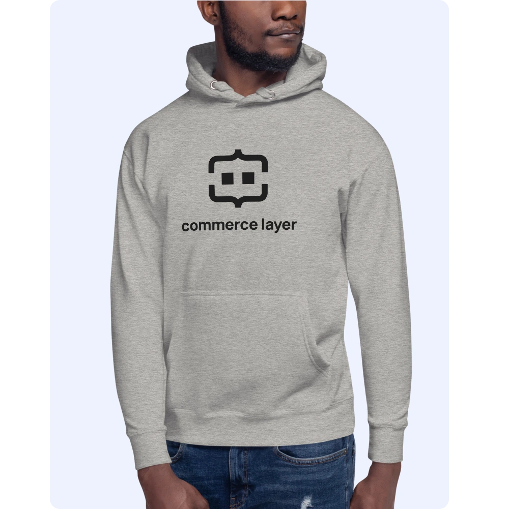 Model wearing the gray men hoodie